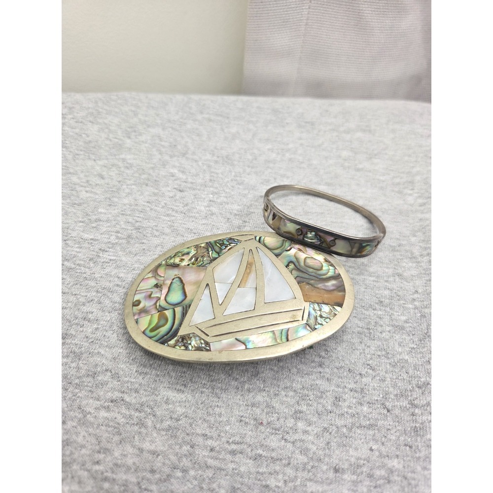 Vintage Large Alpaca Silver Belt Buckle Matching Bracelet Set Abalone Inlay